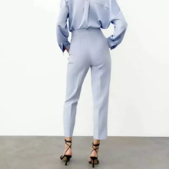 ZARA WOMAN HIGH-WAISTED PANTS LIGHT BLUE - Picture 7 of 15